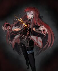 1girl absurdres bandaid bandaid_on_face black_bow black_jacket black_pants bow food fruit gauze gauze_over_eye golden_bough_(limbus_company) green_eyes guro hair_bow highres holding holding_food holding_fruit hollow_body hugenekko jacket limbus_company long_hair looking_at_viewer maggot open_mouth pants project_moon red_hair rotting sidelocks smile solo very_long_hair yuri_(project_moon)