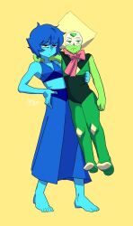 2girls arm_around_neck barefoot blonde_hair blue_hair blue_skin blue_skirt blue_tank_top bow bowtie carrying closed_mouth colored_skin commentary_request crop_top forehead_jewel full_body gem green_eyes green_leotard green_skin hand_on_own_hip highres lapis_lazuli_(steven_universe) leotard light_frown long_skirt looking_at_viewer midriff multiple_girls nyong-choi peridot_(steven_universe) pink_bow pink_bowtie short_hair signature simple_background size_difference skirt solid_circle_pupils standing steven_universe tank_top tinted_eyewear yellow-tinted_eyewear yellow_background