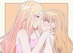 2girls bare_arms blonde_hair blush border camisole closed_mouth commentary fujita_kotone gakuen_idolmaster hand_in_another&#039;s_hair highres idolmaster juo_sena kousaka_0v0 licking_lips long_hair multicolored_hair multiple_girls orange_eyes orange_hair outline pink_camisole pink_hair purple_eyes shirt simple_background smile streaked_hair tongue tongue_out white_outline white_shirt yellow_background yellow_border yuri