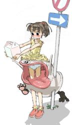 1608_(no.26) blush bobby_socks bow bow_panties brown_hair cake dress food full_body hair_ribbon high_ponytail koizumi_yoshiko loafers loli mitsubishifvo2 obake_no_q-tarou panties pantyshot ponytail q-tarou ribbon road_sign shadow shoes short_sleeves sign simple_background socks standing underwear upskirt what white_background white_panties yellow_dress yellow_legwear
