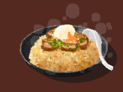 bowl brown_background egg_yolk filet food food_focus fried_rice highres hisachan55cute katsudon_(food) no_humans original pixel_art scenery simple_background softboiled_egg spoon spring_onion steaming_food