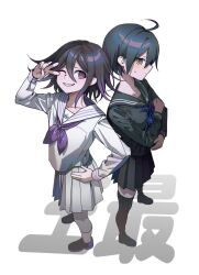 2boys 50k_v3 ahoge black_hair black_thighhighs blush commentary crossdressing crossed_arms danganronpa_(series) danganronpa_v3:_killing_harmony eyelashes flipped_hair from_above hair_between_eyes hand_on_own_hip highres long_sleeves looking_at_viewer male_focus medium_hair multiple_boys oma_kokichi one_eye_closed perspective pleated_skirt profile purple_eyes purple_hair ringed_eyes saihara_shuichi sailor_collar school_uniform shirt short_hair simple_background skirt smile standing sweatdrop teeth thighhighs trap v v_over_eye white_background