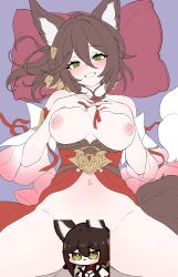 1boy 1girl absurdres bed blush bottomless breasts breasts_apart brown_hair brown_tail censored commentary daram_(shappydude) fox_girl fox_tail from_above green_eyes hair_between_eyes hair_ornament hands_on_own_chest highres honkai:_star_rail honkai_(series) large_breasts long_hair looking_at_viewer lying missionary navel nipples novelty_censor on_back on_bed parted_lips pillow pov sex smile spread_legs stomach tail thighs tingyun_(harmony)_(honkai:_star_rail) tingyun_(honkai:_star_rail)