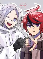 2boys ahoge aotsuki_eito black_gloves black_hair blue_eyes closed_mouth english_text fingernails glasses gloves highres male_focus middle_finger multicolored_eyes multicolored_hair multiple_boys one_eye_closed open_mouth red_eyes red_hair simple_background sumino_takumi teeth the_hundred_line_-last_defense_academy- thumbs_down upper_body upper_teeth_only white_hair wink