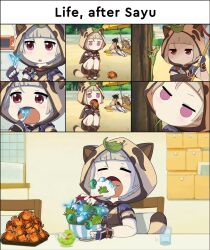 1girl absurdres chopsticks crab crystalfly_(genshin_impact) eating genshin_impact highres leaf leaf_on_head lizard multiple_views sayu_(genshin_impact) sitting