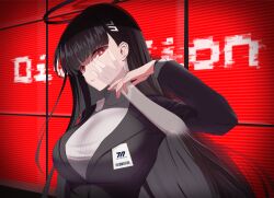 2girls black_hair black_halo blue_archive bright_pupils hair_ornament hairclip halo hand_on_another&#039;s_head highres kei_(blue_archive) long_hair mikishiro multiple_girls red_eyes rio_(blue_archive) seminar_(blue_archive) sweater turtleneck turtleneck_sweater white_pupils white_sweater