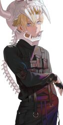 1boy animal_skull black_gloves black_pants black_shirt blonde_hair blue_eyes closed_mouth cowboy_shot earrings fingerless_gloves gloves hair_between_eyes highres jewelry long_sleeves looking_at_viewer male_focus migumi pants shirt short_hair simple_background solo white_background