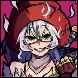 Rule 34 | aura, bow (weapon), bra strap, brown gloves, commentary request, fingerless gloves, glasses, gloves, green eyes, grey hair, grey scarf, grin, hat, holding, holding bow (weapon), holding weapon, lipstick, long hair, looking at viewer, lowres, makeup, pink background, portrait, ragnarok iris, ragnarok online, ranger (ragnarok online), red-framed eyewear, red hat, scarf, semi-rimless eyewear, smile, solo, top hat, under-rim eyewear, upper body, weapon, white hair