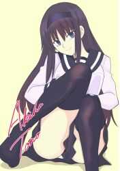 1girl black_hair black_hairband blue_eyes breasts character_name hairband highres long_hair long_skirt long_sleeves looking_at_viewer masatoshi_ikeda_(uug28aiuopy2six) panties school_uniform shirt skirt smile solo tohno_akiha tsukihime tsukihime_(remake) underwear white_panties