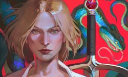 1girl blonde_hair commentary earrings english_commentary expressionless green_eyes highres jewelry medium_hair mismatched_pupils original portrait red_background red_lips single_earring snake solo sunriseart3 sword weapon