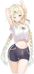1girl aizawa_ema alternate_costume arms_up black_shorts blonde_hair blue_eyes blush dated gradient_hair green_hair hair_ornament hairclip highres koishi_(kiwi0314) looking_at_viewer multicolored_hair navel one_eye_closed open_mouth shirt short_sleeves shorts simple_background solo two-tone_hair virtual_youtuber vspo! white_background white_shirt