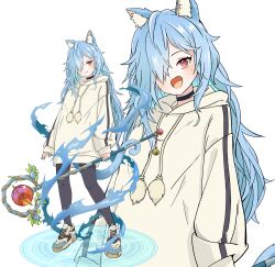 1girl :d absurdres animal_ear_fluff animal_ears black_choker black_pantyhose blue_hair cat_ears cat_girl cat_tail choker closed_mouth drawstring fang grey_hoodie hair_over_one_eye highres holding holding_staff hood hood_down hoodie long_hair long_hoodie multiple_views open_mouth orb original pantyhose red_eyes shoes simple_background smile staff tail very_long_hair white_background white_footwear yukimoto_shuuji_(gurigura) zoom_layer