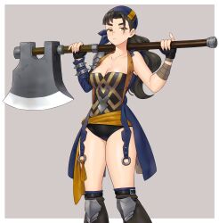 1girl absurdres axe bandana bare_shoulders black_hair breasts brown_eyes brown_hair commission commissioner_upload fire_emblem fire_emblem_engage highres holding holding_axe igni_tion large_breasts long_hair looking_at_viewer mitan_(fire_emblem) nintendo non-web_source ponytail solo