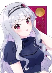 Rule 34 | 1girl, blue shirt, blunt bangs, blush, border, breasts, flower symbol, grey hair, hairband, hand up, highres, idolmaster, idolmaster (classic), idolmaster million live!, idolmaster million live! theater days, long hair, looking at viewer, moon, open mouth, outside border, puffy short sleeves, puffy sleeves, purple eyes, shijou takane, shirt, short sleeves, smile, solo, twwibql2kktg5am, upper body, white border