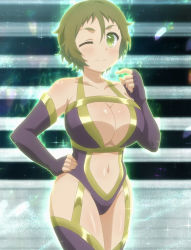 10s 1girl armor bikini boots breasts cleavage female_focus glowing green_eyes green_hair highres matching_hair/eyes nakazawa_minori navel no-rin one_eye_closed screencap short_hair smile solo sparkle swimsuit thigh_boots thighhighs wink