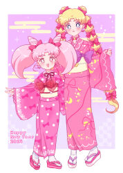 2024 2girls :d artist_request bishoujo_senshi_sailor_moon blonde_hair blue_eyes blush bow chibi_usa crescent crescent_moon double_bun hair_bow hair_bun hair_ornament happy_new_year japanese_clothes kimono long_hair long_sleeves moon mother_and_daughter mother_and_daughter_(lore) multiple_girls new_year open_mouth pink_kimono sailor_chibi_moon sailor_moon smile tsukino_usagi