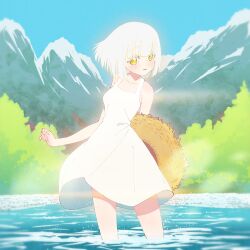 1girl blue_sky blush breasts commentary_request day dress hat highres holding holding_unworn_clothes holding_unworn_hat kamotsu looking_at_viewer medium_breasts mountain original outdoors parted_lips short_hair sky sleeveless sleeveless_dress solo standing sundress unworn_hat unworn_headwear wading water white_dress white_hair yellow_eyes