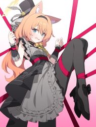 1girl absurdres animal_ear_fluff animal_ears bare_shoulders black_headband black_overskirt black_pantyhose blue_archive blue_eyes blush bow breasts cat_ears dress flower flower_hat fluffy_hair grey_dress grey_feathers hagoonha halo hat hat_flower headband highres idol idol_clothes long_hair looking_at_viewer mari_(blue_archive) mari_(idol)_(blue_archive) mini_hat official_alternate_costume open_mouth orange_hair pantyhose red_bow restrained rose small_breasts solo top_hat wrist_wrap yellow_flower yellow_rose