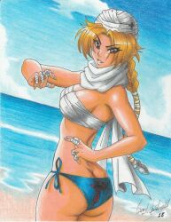 1girl 2018 absurdres armpits artist_name ass back bandaged_chest bandaged_fingers bandages bikini blonde_hair braid braided_ponytail breasts butt_crack cowboy_shot from_behind grin highres large_breasts looking_back medium_breasts nintendo ocean ponytail ravernclouk_design red_eyes scarf sheik sheikah smile solo swimsuit the_legend_of_zelda the_legend_of_zelda:_ocarina_of_time traditional_media turban white_scarf