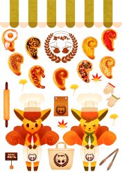 Rule 34 | alternate color, apron, bacon, black eyes, bread, chef hat, chocolate, clothed pokemon, egg, ekm, food, gen 1 pokemon, ginkgo leaf, green neckerchief, hat, hot dog, jam, leaf, maple leaf, neckerchief, nintendo, no humans, oven mitts, pokemon, pokemon (creature), pretzel, red neckerchief, rolling pin, shiny pokemon, sign, vulpix, white apron, white background