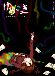 1girl blood braid brown_hair dreams female_focus highres knife lying madotsuki outstretched_arm paper pink_theme solo sweater twin_braids yume_nikki