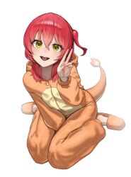 1girl absurdres apopo arm_between_legs bocchi_the_rock! charmander charmander_(cosplay) commentary cosplay full_body gen_1_pokemon hair_between_eyes hair_over_shoulder highres kita_ikuyo light_blush long_hair long_sleeves looking_at_viewer nintendo one_side_up open_mouth pokemon red_hair simple_background sitting slippers smile solo teeth tongue upper_teeth_only v wariza white_background yellow_eyes