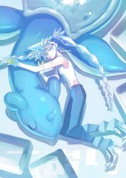 blue_background blue_hair blue_necktie blue_pants blue_skin colored_eyelashes colored_skin funahashi_(nkmmmmr) gen_1_pokemon gloves green_eyes green_gloves hatsune_miku highres ice ice_cube ice_hair ice_miku_(project_voltage) lapras looking_at_viewer lying necktie nintendo pants pokemon pokemon_(creature) project_voltage shirt sleeveless twintails vocaloid white_gloves white_shirt