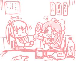 2girls beer_mug bottle bow commentary_request cup dress drunk ferret-san gloves hair_bow highres jintsuu_(kancolle) kantai_collection kasumi_(kancolle) kasumi_kai_ni_(kancolle) long_hair monochrome mug multiple_girls pinafore_dress red_theme school_uniform serafuku sleeveless sleeveless_dress translation_request