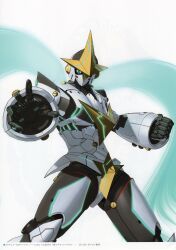 3d absurdres aqua_eyes aqua_sclera armor aura black_armor blue_aura clenched_hand colored_sclera dynamic_pose fukuda_tomonori full_body gauntlets glowing glowing_eye glowing_lines gold_trim gunvarrel helmet highres kidou_battle_gunvarrel mecha mecha_focus mechanical_hands no_humans non-web_source official_art open_hand outstretched_arm reaching reaching_towards_viewer robot robotics;notes scan science_fiction simple_background solo standing v-fin white_armor white_background