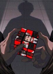 1boy ahoge brown_eyes brown_hair danganronpa_(series) danganronpa_2:_goodbye_despair danganronpa_3_(anime) heterochromia highres hinata_hajime hinata_hajime_(awakened) holding kamukura_izuru long_hair red_eyes rubik&#039;s_cube short_hair solo stone_floor watermark wi_ko_(s_ico_2)