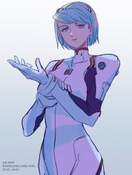 1girl ace_attorney ayanami_rei ayanami_rei_(cosplay) blue_background blue_hair bodysuit closed_mouth cosplay eyelashes franziska_von_karma gradient_background grey_eyes highres interface_headset mole mole_under_eye neon_genesis_evangelion rat_nkmi short_hair simple_background solo standing white_bodysuit