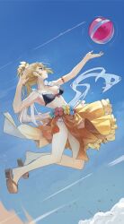 1girl arm_strap ball beachball bikini black_bikini blonde_hair blue_sky breasts cloud commentary_request flower frilled_bikini frills full_body g36_(50_days_with_g36)_(girls&#039;_frontline) g36_(girls&#039;_frontline) girls&#039;_frontline hair_flower hair_ornament highres korean_commentary long_hair midair navel official_alternate_costume official_alternate_hairstyle orange_sarong platform_sandals sand sandals sarong sky solo swimsuit vikpie volleyball