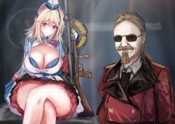 1boy 1girl absurdres automatic_rifle blonde_hair blush breasts chauchat chauchat_(girls&#039;_frontline) cleavage crossed_legs crossover epaulettes facial_hair forgotten_weapons girls&#039;_frontline goatee griffin_&amp;_kryuger_military_uniform gun highres ian_mccollum jacket large_breasts light_machine_gun looking_at_viewer machine_gun male_focus martinreaction medium_hair military military_uniform multicolored_hair mustache purple_eyes real_life red_jacket short_hair smile streaked_hair sunglasses upper_body weapon