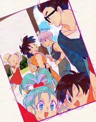 3boys 3girls aqua_hair arch black-framed_eyewear black_eyes black_hair black_sash black_tank_top blonde_hair blue_cardigan blue_eyes blue_sky blush_stickers bra_(dragon_ball) brother_and_sister brothers bush cardigan clenched_hand closed_eyes cloud curtained_hair day denim dougi dragon_ball dragonball_z dress dutch_angle facing_viewer father_and_daughter glasses grass grey_pants hair_between_eyes hair_bobbles hair_ornament hand_to_own_mouth hand_up hands_on_own_hips happy head_tilt high_ponytail highres holding_hands interlocked_fingers jeans laughing light_blush looking_at_viewer looking_back loose_socks marron_(dragon_ball) mary_janes medium_hair messy_hair multiple_boys multiple_girls muscular muscular_male notice_lines one_eye_closed open_mouth outdoors outline pan_(dragon_ball) pants parted_bangs ponytail profile purple_hair red_cardigan red_dress red_footwear sash shoes short_dress short_hair short_twintails siblings simple_background sky sleeveless sleeveless_dress socks son_gohan son_goten stone_floor tank_top tareme tokuura trunks_(dragon_ball) twintails twitter_username uncle_and_niece v-shaped_eyebrows walking white_hair white_outline wispy_bangs wristband yellow_background yellow_socks