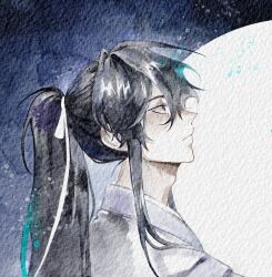 Rule 34 | 1boy, adam&#039;s apple, black hair, chinese clothes, closed mouth, energy, falling shark, from side, grey eyes, hair ribbon, hanbok, hanfu, high ponytail, highres, jinhongi, korean clothes, korean commentary, long hair, looking up, male focus, open hand, painting (medium), ponytail, ribbon, seol young, solo, traditional media, watercolor (medium), white hanbok, white ribbon, zhijupao