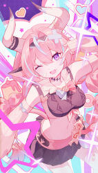 1girl absurdres arm_up black_skirt blush braid cow_girl crop_top detached_sleeves genshin_impact hair_between_eyes hair_ornament heart highres long_hair long_sleeves miniskirt navel one_eye_closed open_mouth pink_hair pink_nails purple_eyes sharonda skirt smile solo stomach thighhighs twin_braids varesa_(genshin_impact) x_hair_ornament