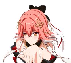 1girl absurdres awei bare_shoulders bow braid breasts changli_(wuthering_waves) closed_mouth hair_between_eyes hair_ornament highres long_hair looking_at_viewer multicolored_hair pink_hair simple_background smile solo white_background white_hair wuthering_waves yellow_eyes