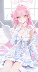 1girl absurdres alternate_costume bare_shoulders blue_archive blush breasts cardigan cleavage dress feathered_wings grin hair_bun highres large_breasts long_hair looking_at_viewer mika_(blue_archive) pink_hair re_naya sidelocks single_side_bun sitting smile solo white_cardigan white_dress wings yellow_eyes