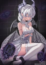 1girl absurdres ankle_cuffs arm_under_breasts armlet bare_shoulders blush breasts cleavage demon_girl demon_horns demon_wings detached_collar dress drill_hair duel_monster earrings eradicator_epidemic_virus grey_corset grey_eyes highres horns jewelry large_breasts long_hair looking_at_viewer lovely_labrynth_of_the_silver_castle open_mouth pointy_ears solo strapless strapless_dress thighhighs tokiyanagi transparent_wings twin_drills white_dress white_hair white_thighhighs wings yu-gi-oh!