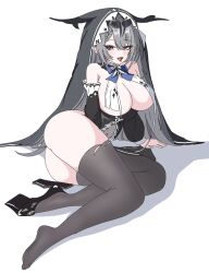 1girl azur_lane black_shoes black_thighhighs breast_curtains breasts duguay-trouin_(azur_lane) erciyuan_fan_mou fangs grey_hair high_heels highres large_breasts mole mole_under_eye open_mouth piercing purple_eyes shadow shoes simple_background single_shoe skin_fangs solo thighhighs tongue tongue_out tongue_piercing white_background