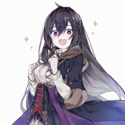 1girl breasts brown_hair brown_hairband corset elena_wyllt_(grimms_notes) grimms_notes hairband heart heart-shaped_pupils highres iumi_urura large_breasts light_blush long_hair long_sleeves looking_at_viewer open_mouth puffy_long_sleeves puffy_sleeves red_corset shirt simple_background smile solo sparkle symbol-shaped_pupils upper_body white_background white_shirt