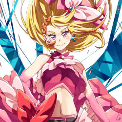 1girl 4b-enpitsu blonde_hair cure_butterfly hair_flowing_over hair_ornament hijiri_ageha hirogaru_sky!_precure long_hair looking_at_viewer magical_girl midriff navel pink_eyes precure solo straight-on very_long_hair