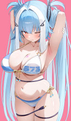 Rule 34 | 1girl, absurdres, armpits, arms behind head, bemani, bikini, blue bikini, blue hair, breasts, closed mouth, highres, ichika (bemani), large breasts, lelex, long hair, looking at viewer, multicolored bikini, multicolored hair, one eye closed, red eyes, simple background, solo, swimsuit, tail, thighs, two-tone bikini, two-tone hair, very long hair, white bikini, white hair