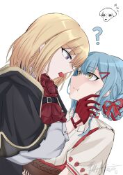 2girls ? absurdres alternate_hairstyle ascot aver_(yumenokessho) bang_dream! bang_dream!_it&#039;s_mygo!!!!! blonde_hair blue_hair closed_mouth commentary dog doloris_(bang_dream!) double_bun food fruit gloves hair_bun highres looking_at_another medium_hair misumi_uika mouth_hold multiple_girls purple_eyes red_ascot red_gloves shirt simple_background strawberry sweets_paradise symbol-only_commentary togawa_sakiko washiemma1 white_background white_shirt yellow_eyes yumenokessho yuri