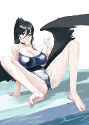 Rule 34 | 062 arts, 1girl, absurdres, bare shoulders, barefoot, black hair, black wings, blue archive, blue one-piece swimsuit, breasts, choker, cleavage, clothes pull, collarbone, commission, feathered wings, groin tendon, hair between eyes, hasumi (blue archive), highres, large breasts, long hair, long hair between eyes, looking at viewer, low wings, mole, mole under eye, no halo, one-piece swimsuit, one-piece swimsuit pull, ponytail, red eyes, school swimsuit, solo, swimsuit, thighs, very long hair, wet, wings