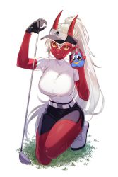 1girl absurdres akumi_(yoclesh) black_gloves brown_eyes colored_skin creature efu_(ef_20200211) gloves golf golf_club grass highres holding holding_creature horns indie_virtual_youtuber kneeling long_hair oni oni_horns pointy_ears ponytail red_skin scar scar_on_arm scar_on_face scar_on_leg shoes simple_background single_glove skirt solo virtual_youtuber visor_cap vyugen white_background white_hair yellow_eyes