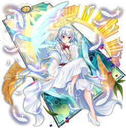 1girl alternate_costume angel_wings bow bowtie breasts cleavage closed_mouth cross cross_necklace dress falling_feathers feathered_wings feathers game_cg glass_slipper halo high_heels highres jewelry kishin_sagume kishin_sagume_(angel_of_taboos) leaf lens_flare long_sleeves looking_at_viewer medium_breasts monocle necklace official_art red_bow red_bowtie red_eyes rotte_(1109) scarf see-through_clothes see-through_sleeves shoes single_wing solo sparkle third-party_source touhou touhou_lostword traditional_halo transparent_background white_dress white_feathers white_scarf white_shoes white_wings wings
