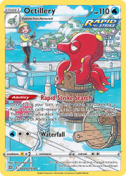 1girl artist_name beanie black_pants blue_sky boat boots brown_hair bucket building card_(medium) character_name cloud company_name copyright_name copyright_notice day dock english_text fisher_(pokemon) fishing_rod gen_2_pokemon grey_boots hat holding holding_fishing_rod in_bucket in_container komatsu_shinya life_vest lifebuoy nintendo octillery octopus official_art open_mouth outdoors pants pokemon pokemon_(creature) pokemon_card pokemon_swsh pokemon_tcg remoraid rope shirt short_hair sky smile standing swim_ring third-party_source trading_card vest water watercraft white_vest yellow_hat yellow_shirt