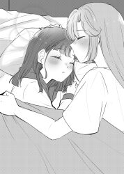 Rule 34 | 2girls, anyoji hime, anyoji hime (summer loungewear), blunt bangs, blunt sidelocks, commentary, curtained hair, fanfiction available, greyscale, hand on another&#039;s head, highres, hood, hood down, hoodie, kachimachi kosuzu, kachimachi kosuzu (summer loungewear), link! like! love live!, long hair, long sleeves, love live!, monochrome, multiple girls, namazakana kuenai, shared bed, shirt, short sleeves, sidelocks, sleeping together, sleeves past wrists, t-shirt, upper body, virtual youtuber, yuri
