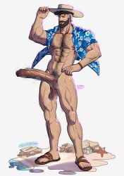 Rule 34 | 1boy, abs, absurdres, alternate costume, arm hair, artist name, bara, bare pectorals, beard, bluesky username, bottomless, brown eyes, brown hair, chest hair, commentary, english commentary, erection, facial hair, fantastic four, foreskin, full beard, hat, hawaiian shirt, highres, huge penis, leg hair, male focus, male pubic hair, marvel, marvel rivals, mature male, multicolored hair, muscular, muscular male, navel, nipples, open clothes, open shirt, patreon username, pectorals, penis, pubic hair, reed richards, sagging testicles, sandals, shirt, solo, starfish, testicles, twitter username, two-tone hair, variant set, veins, veiny penis, wererdraws, white hair